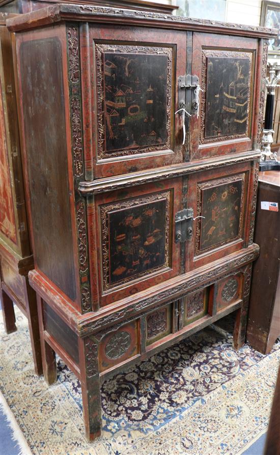 A 19th century Chinese Gujhan Province carved and lacquered wood cabinet W.106cm